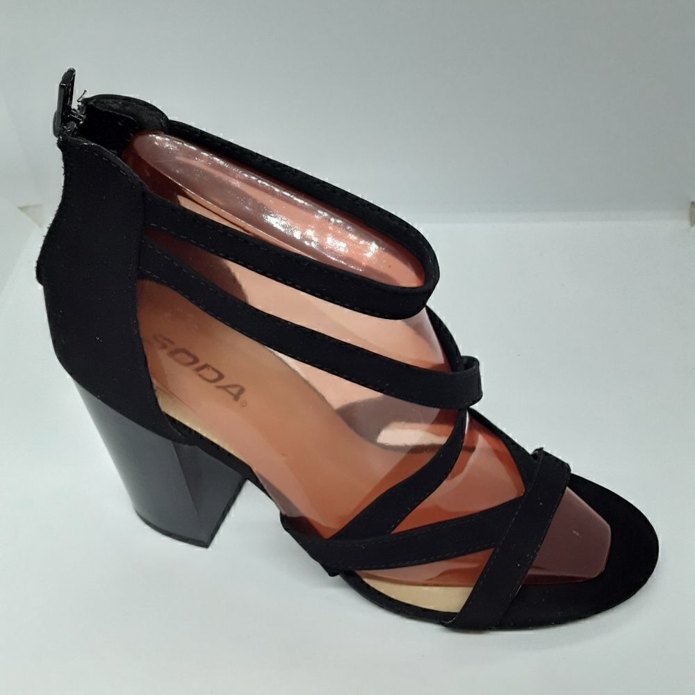 Soda Heel Ankle Strapped Suede Sandals Black Color Size 10